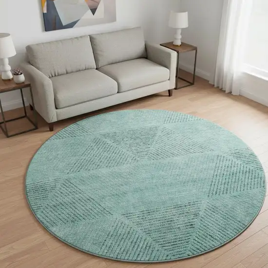 8' Teal And Gray Geometric Washable Round Rug With UV Protection Photo 2