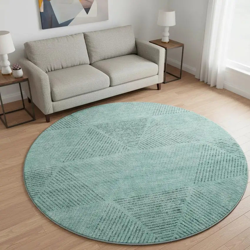 8' Teal And Gray Geometric Washable Round Rug With UV Protection Photo 2