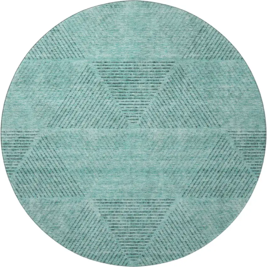 8' Teal And Gray Geometric Washable Round Rug With UV Protection Photo 4