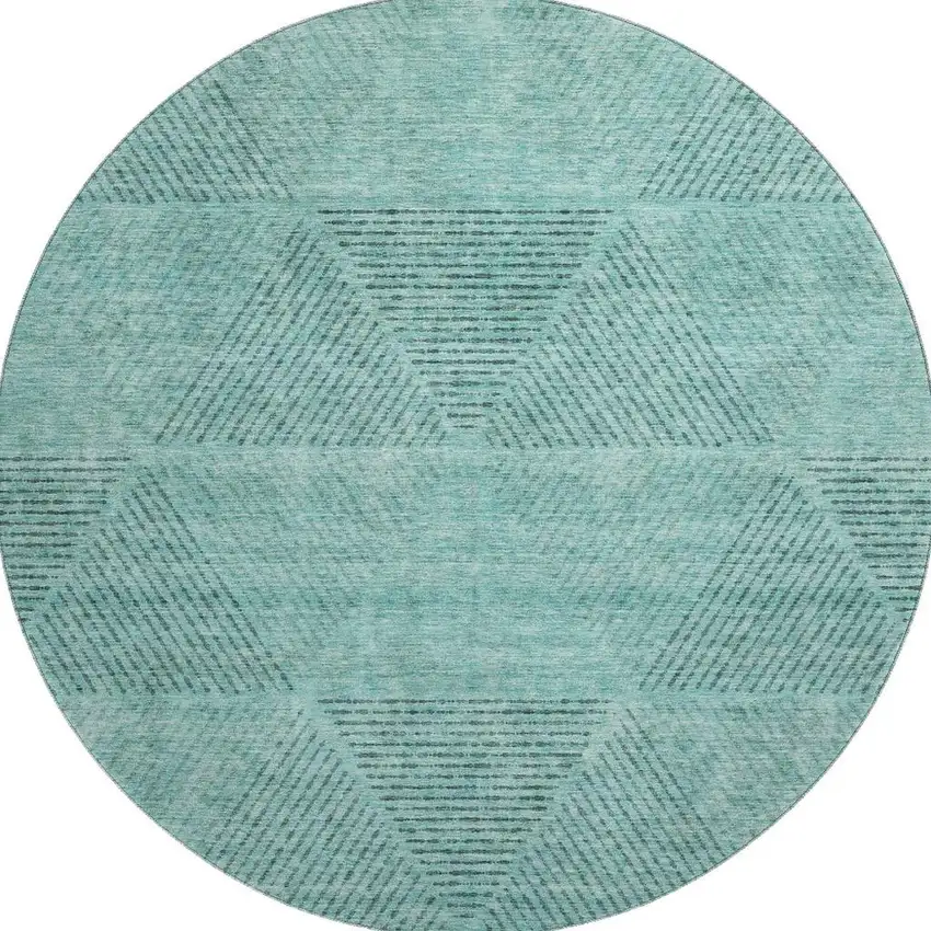 8' Teal And Gray Geometric Washable Round Rug With UV Protection Photo 3