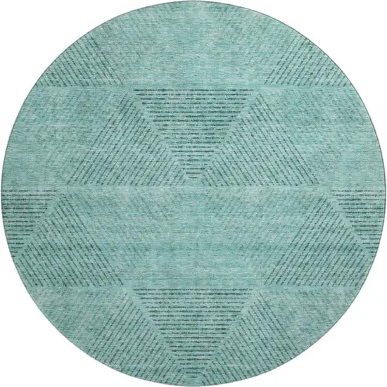 8' Teal And Gray Geometric Washable Round Rug With UV Protection Photo 1