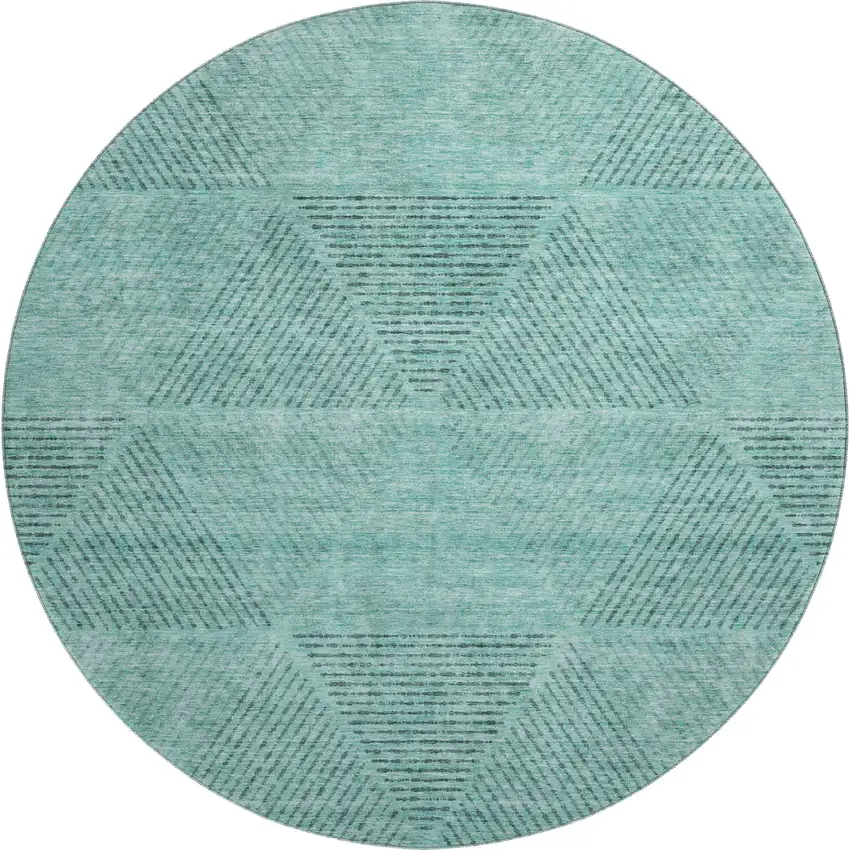 8' Teal And Gray Geometric Washable Round Rug With UV Protection Photo 1