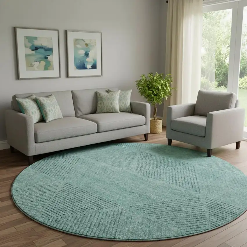 8' Teal And Gray Geometric Washable Round Rug With UV Protection Photo 1