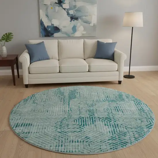 8' Teal And Gray Geometric Washable Round Rug With UV Protection Photo 2