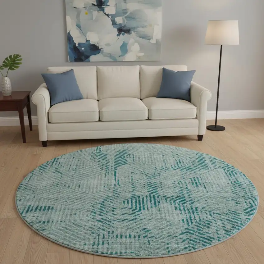 8' Teal And Gray Geometric Washable Round Rug With UV Protection Photo 2