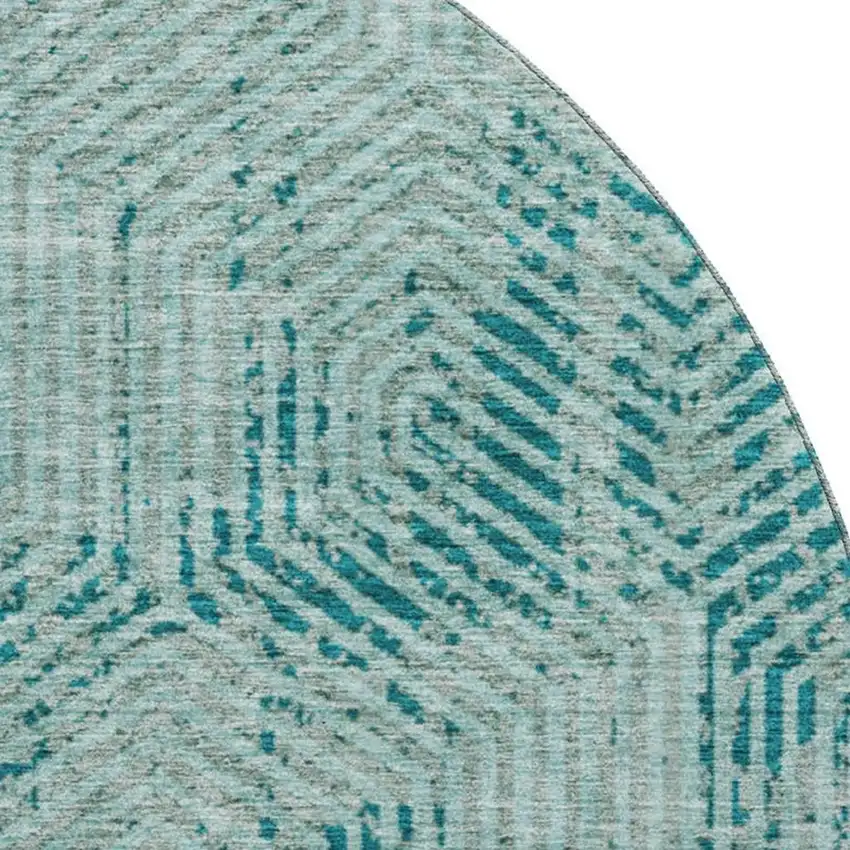 8' Teal And Gray Geometric Washable Round Rug With UV Protection Photo 3