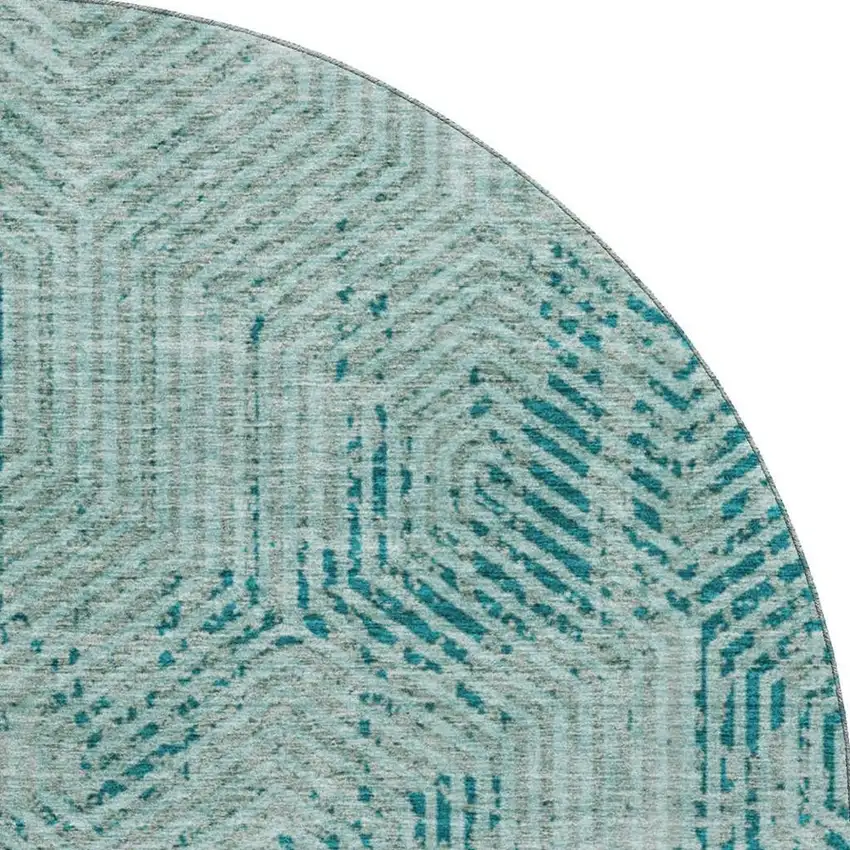 8' Teal And Gray Geometric Washable Round Rug With UV Protection Photo 4