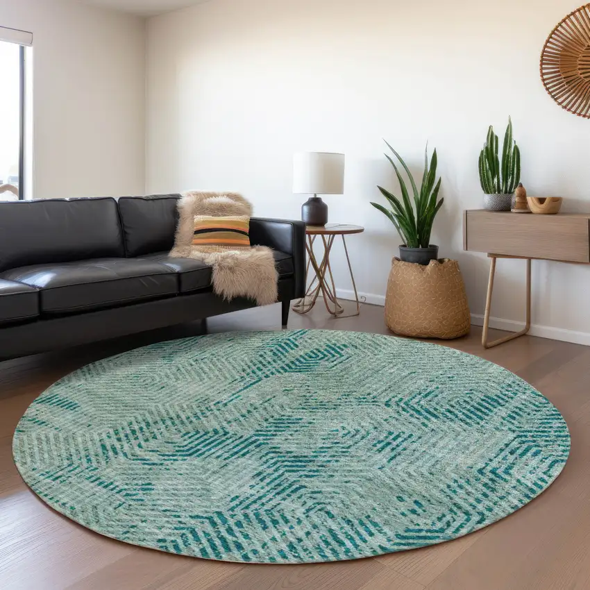 8' Teal And Gray Geometric Washable Round Rug With UV Protection Photo 5