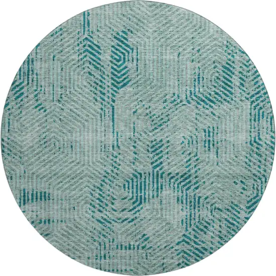 8' Teal And Gray Geometric Washable Round Rug With UV Protection Photo 1