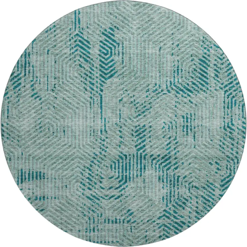 8' Teal And Gray Geometric Washable Round Rug With UV Protection Photo 1