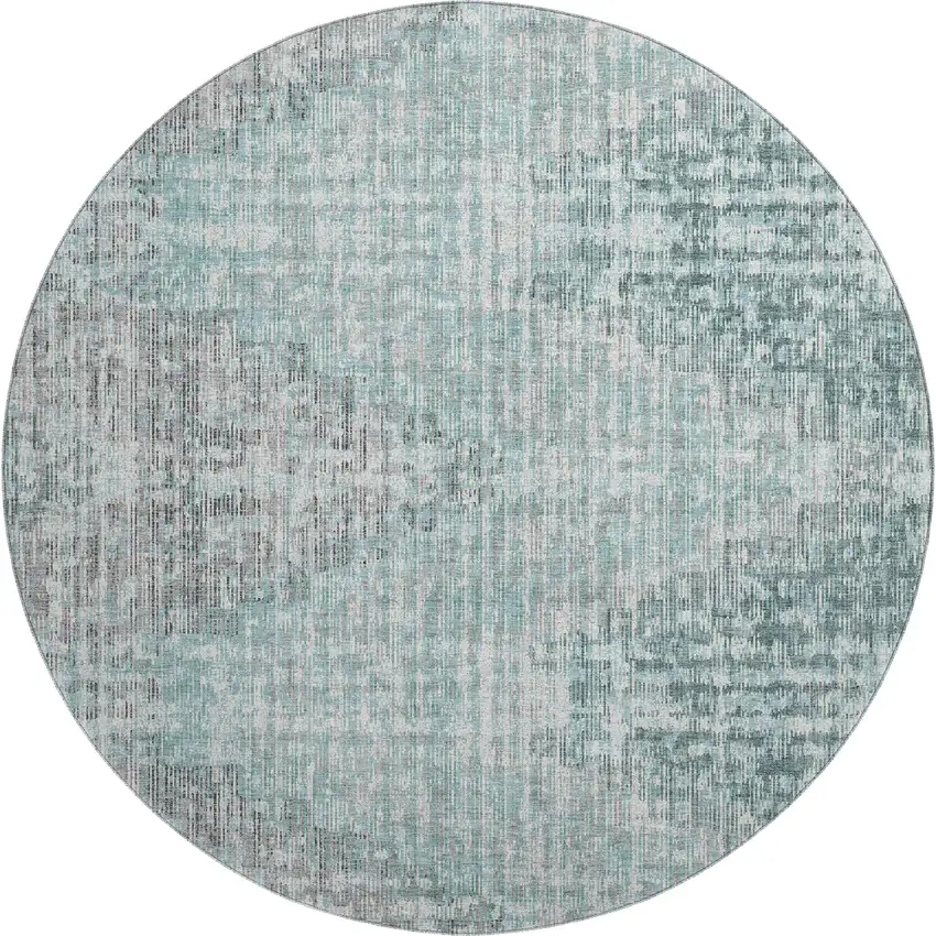 8' Teal And Gray Geometric Washable Round Rug With UV Protection Photo 1