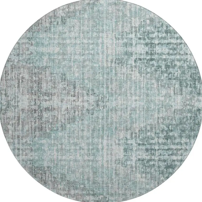 8' Teal And Gray Geometric Washable Round Rug With UV Protection Photo 3