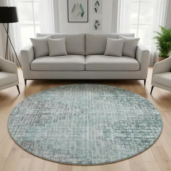 8' Teal And Gray Geometric Washable Round Rug With UV Protection Photo 2