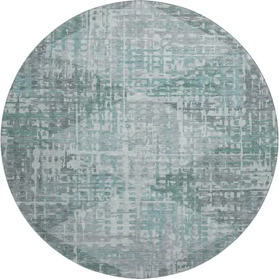 8' Teal And Gray Geometric Washable Round Rug With UV Protection Photo 5