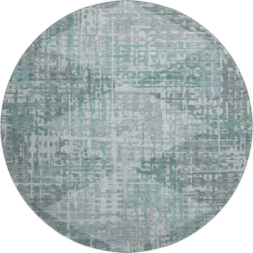 8' Teal And Gray Geometric Washable Round Rug With UV Protection Photo 5
