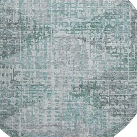 8' Teal And Gray Geometric Washable Round Rug With UV Protection Photo 6