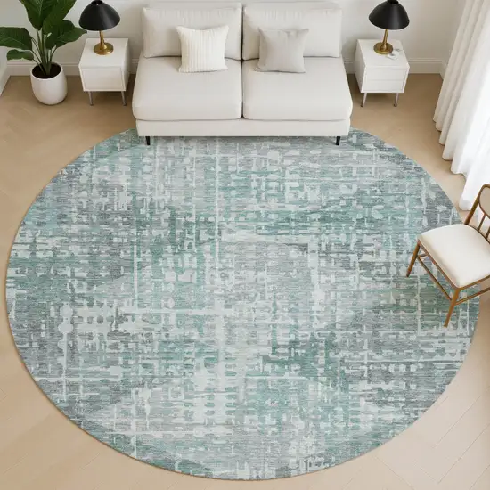 8' Teal And Gray Geometric Washable Round Rug With UV Protection Photo 4