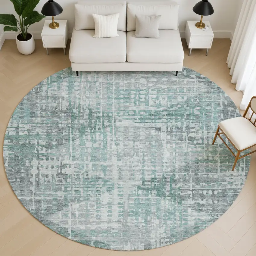 8' Teal And Gray Geometric Washable Round Rug With UV Protection Photo 4