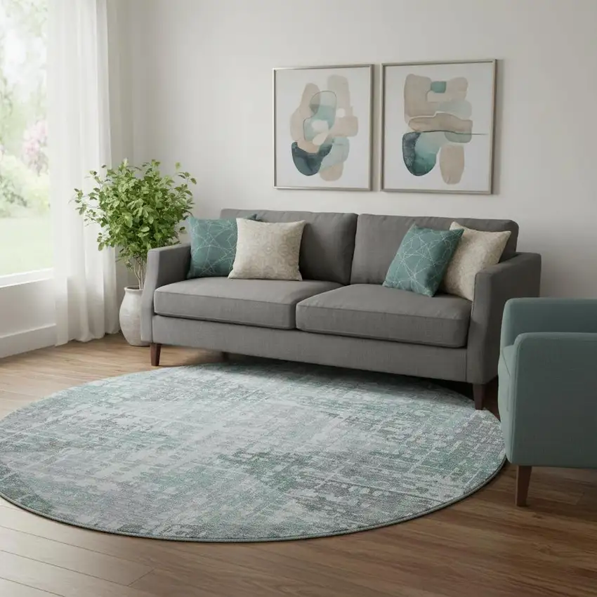 8' Teal And Gray Geometric Washable Round Rug With UV Protection Photo 2