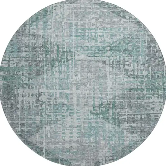 8' Teal And Gray Geometric Washable Round Rug With UV Protection Photo 1