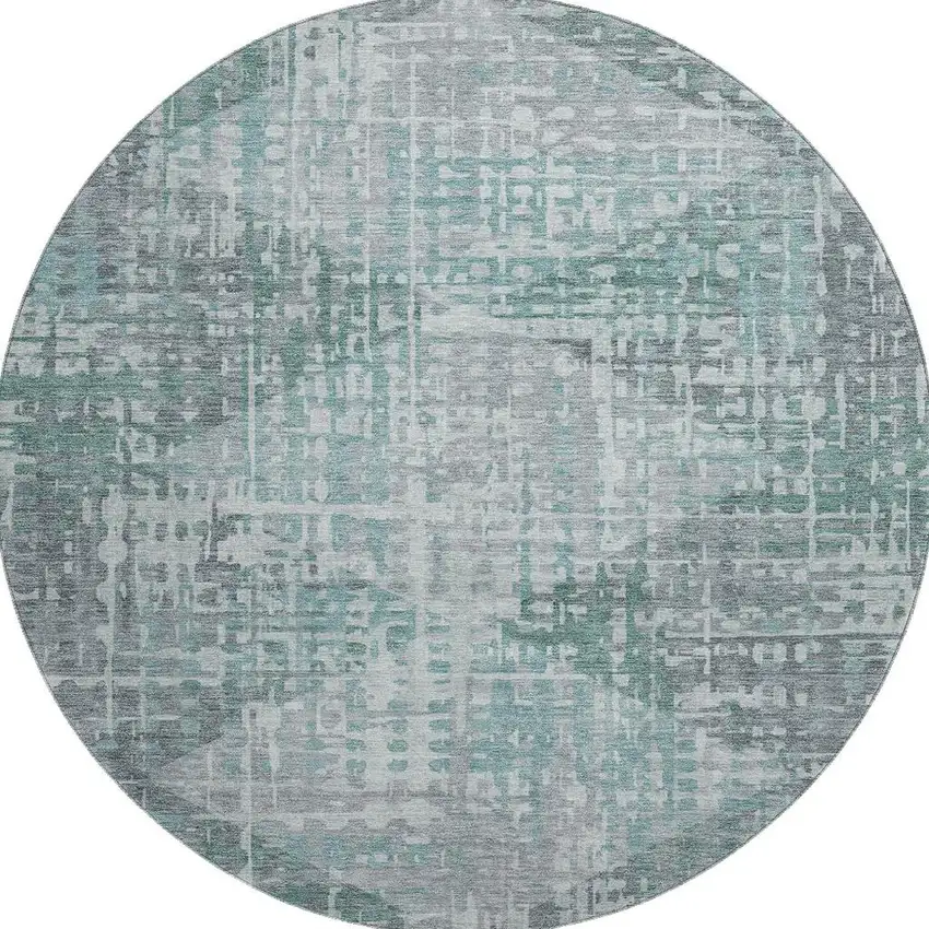 8' Teal And Gray Geometric Washable Round Rug With UV Protection Photo 1