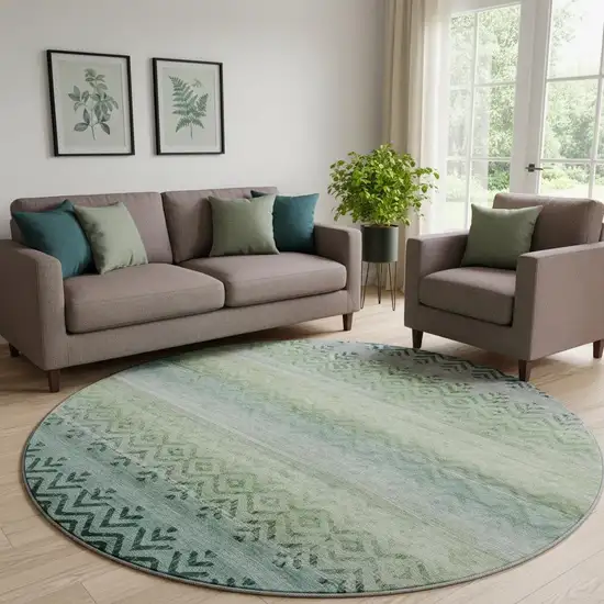 8' Teal And Gray Geometric Washable Round Rug With UV Protection Photo 2