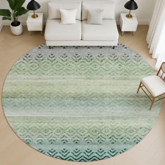 8' Teal And Gray Geometric Washable Round Rug With UV Protection Photo 5