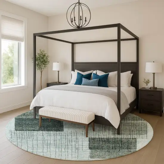 8' Teal And Gray Geometric Washable Round Rug With UV Protection Photo 4