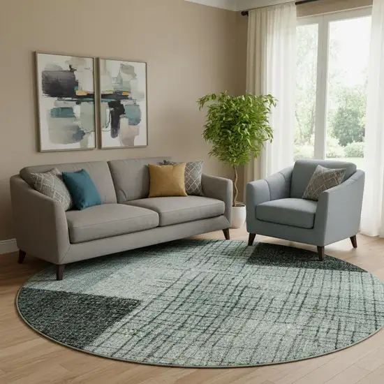 8' Teal And Gray Geometric Washable Round Rug With UV Protection Photo 2