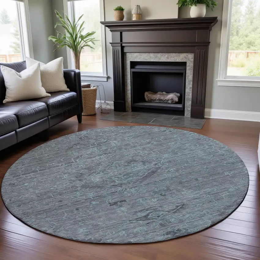 8' Teal And Gray Medallion Washable Round Rug With UV Protection Photo 4