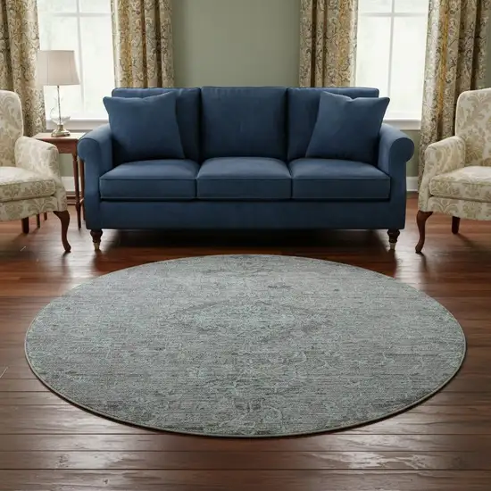 8' Teal And Gray Medallion Washable Round Rug With UV Protection Photo 2