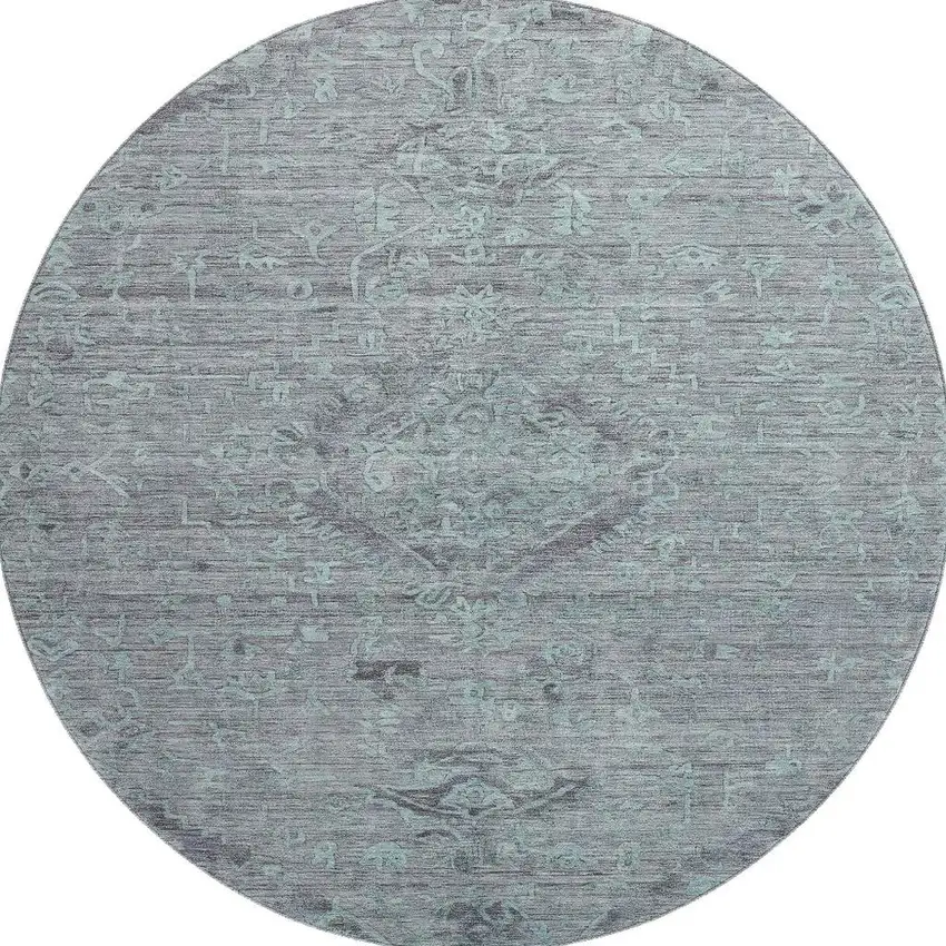 8' Teal And Gray Medallion Washable Round Rug With UV Protection Photo 3