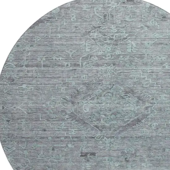 8' Teal And Gray Medallion Washable Round Rug With UV Protection Photo 2