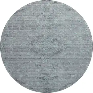 Photo of 8' Teal And Gray Medallion Washable Round Rug With UV Protection