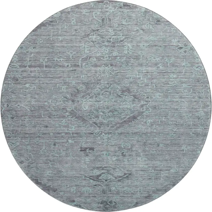 8' Teal And Gray Medallion Washable Round Rug With UV Protection Photo 1