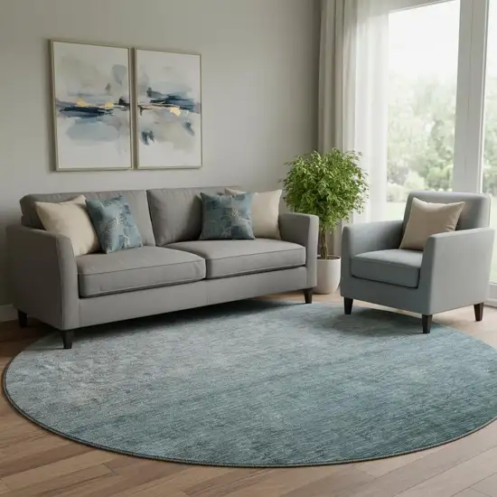8' Teal And Gray Ombre Washable Round Rug With UV Protection Photo 1