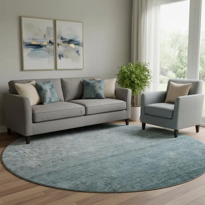 8' Teal And Gray Ombre Washable Round Rug With UV Protection Photo 1