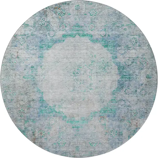 8' Teal And Gray Oriental Washable Round Rug With UV Protection Photo 4