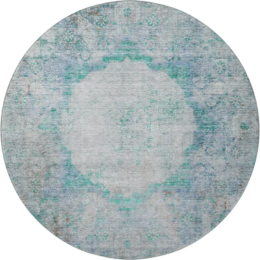 8' Teal And Gray Oriental Washable Round Rug With UV Protection Photo 4