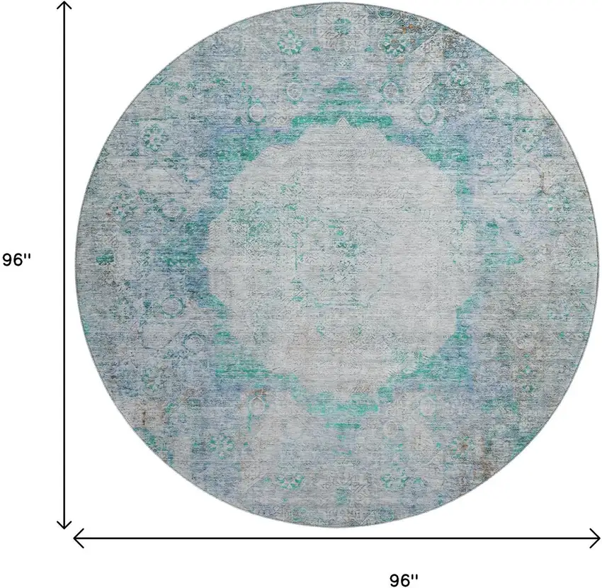 8' Teal And Gray Oriental Washable Round Rug With UV Protection Photo 6