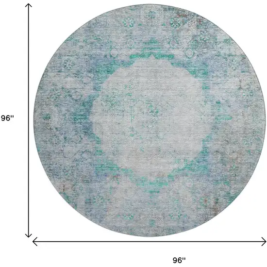 8' Teal And Gray Oriental Washable Round Rug With UV Protection Photo 6