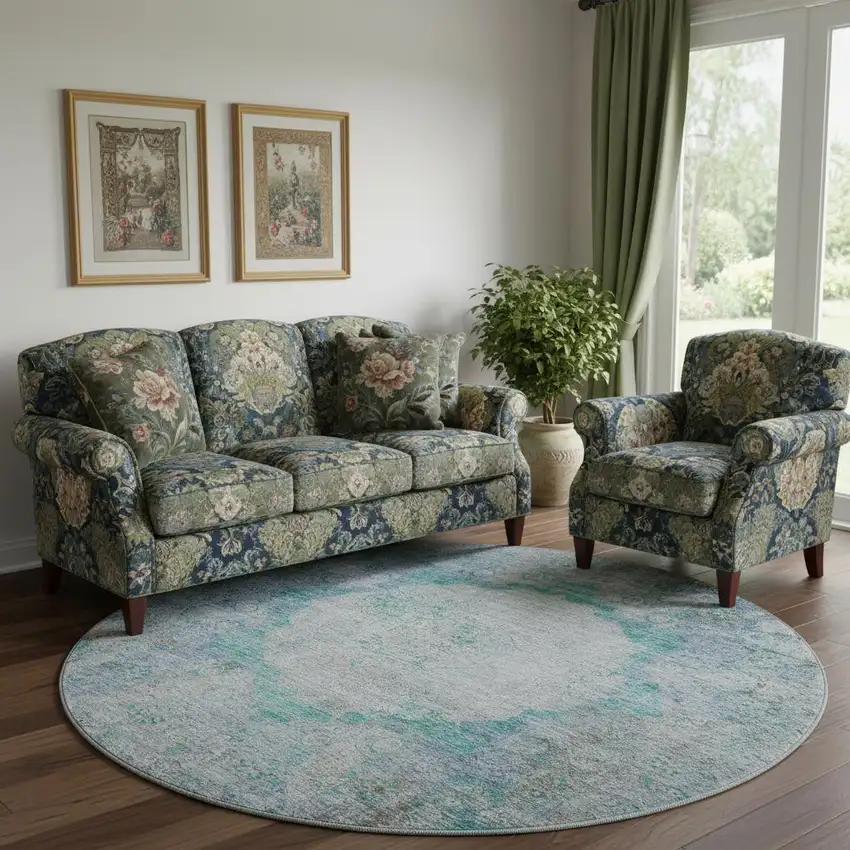 8' Teal And Gray Oriental Washable Round Rug With UV Protection Photo 1