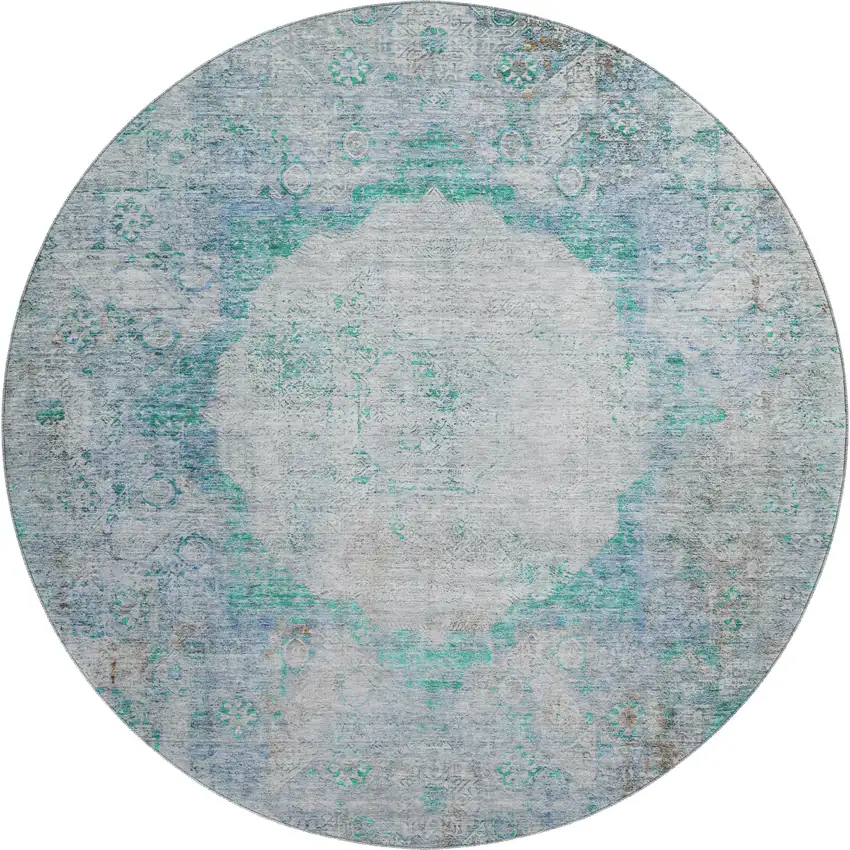 8' Teal And Gray Oriental Washable Round Rug With UV Protection Photo 1