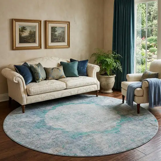 8' Teal And Gray Oriental Washable Round Rug With UV Protection Photo 1