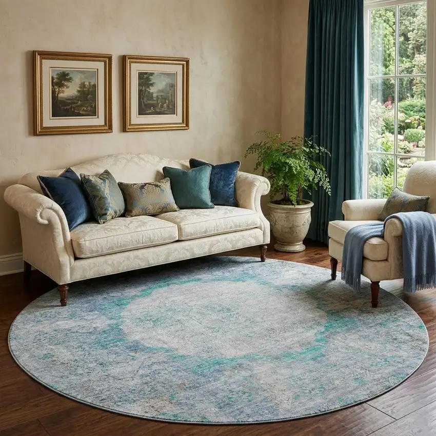 8' Teal And Gray Oriental Washable Round Rug With UV Protection Photo 1