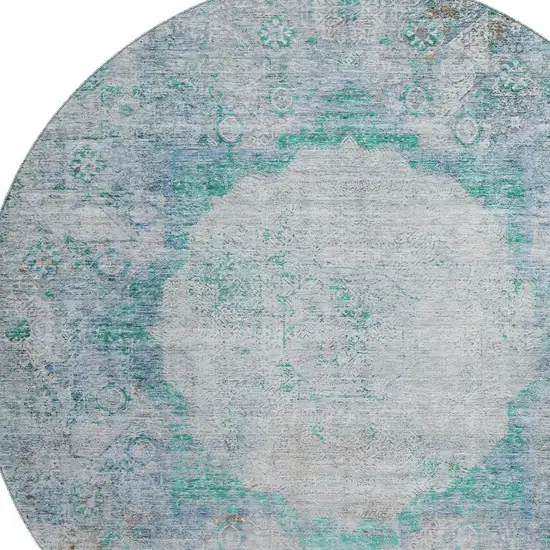 8' Teal And Gray Oriental Washable Round Rug With UV Protection Photo 3