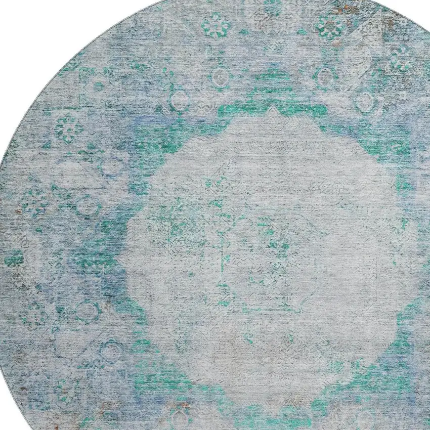 8' Teal And Gray Oriental Washable Round Rug With UV Protection Photo 3