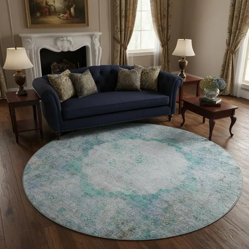 8' Teal And Gray Oriental Washable Round Rug With UV Protection Photo 2