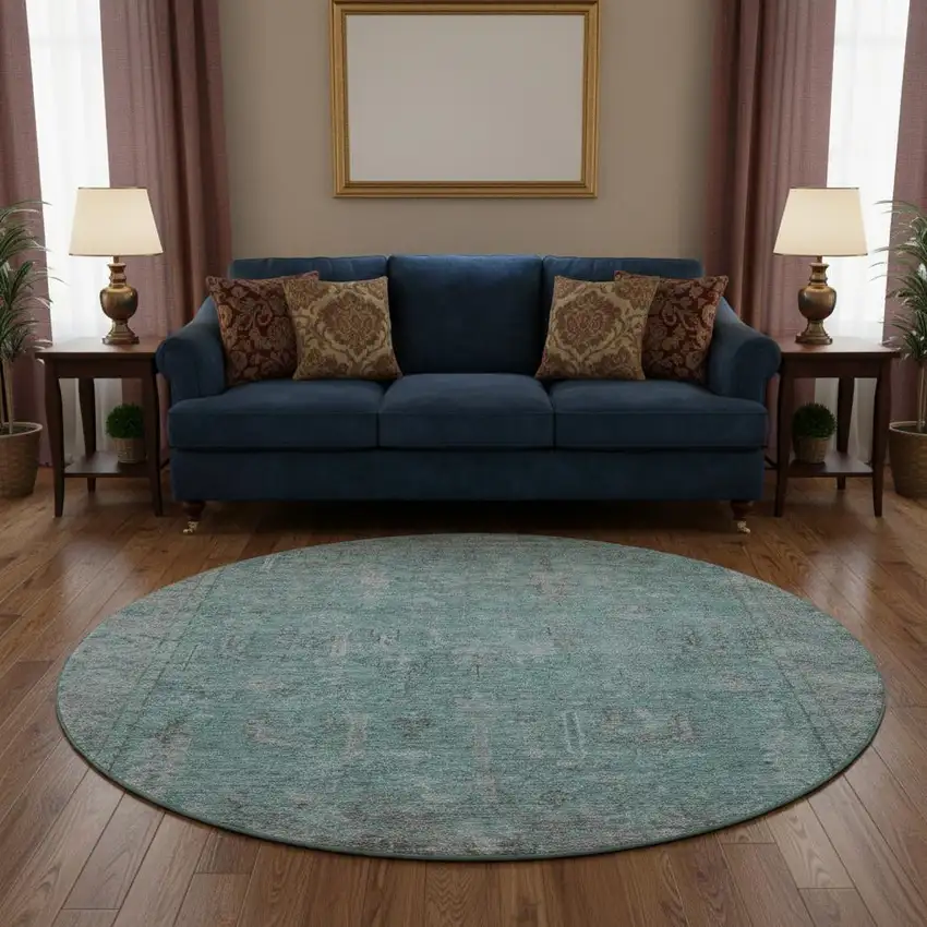 8' Teal And Gray Oriental Washable Round Rug With UV Protection Photo 2