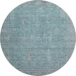 Photo of 8' Teal And Gray Oriental Washable Round Rug With UV Protection